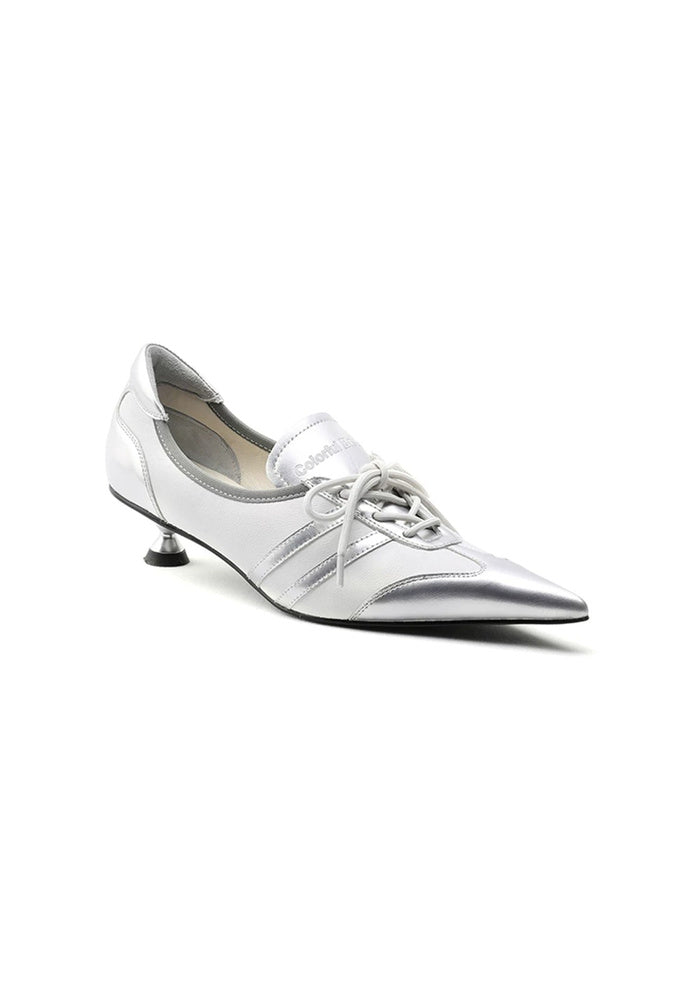 Silvertrail" Metallic Silver Cow Leather Lace-Up Pointed Toe Low Kitten Heel Derby Pumps 3.5CM Futuristic Avant-Garde Dress Shoes