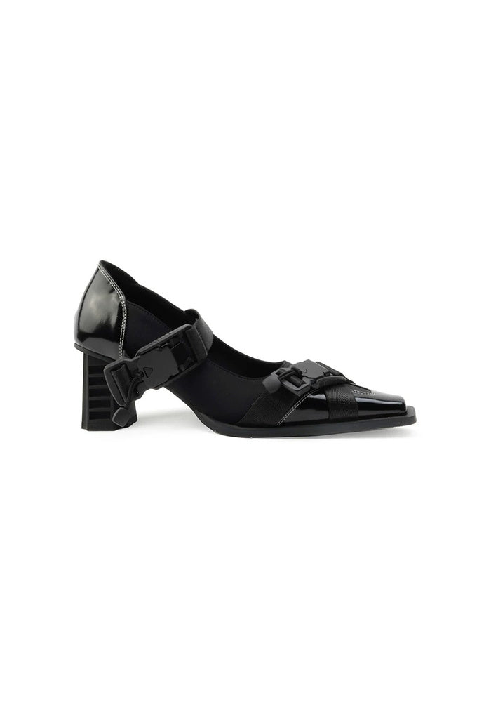 Techwear Buckle Strap Slingback Pumps 6.5CM Geometric Block Heel Square Toe Leather Heels