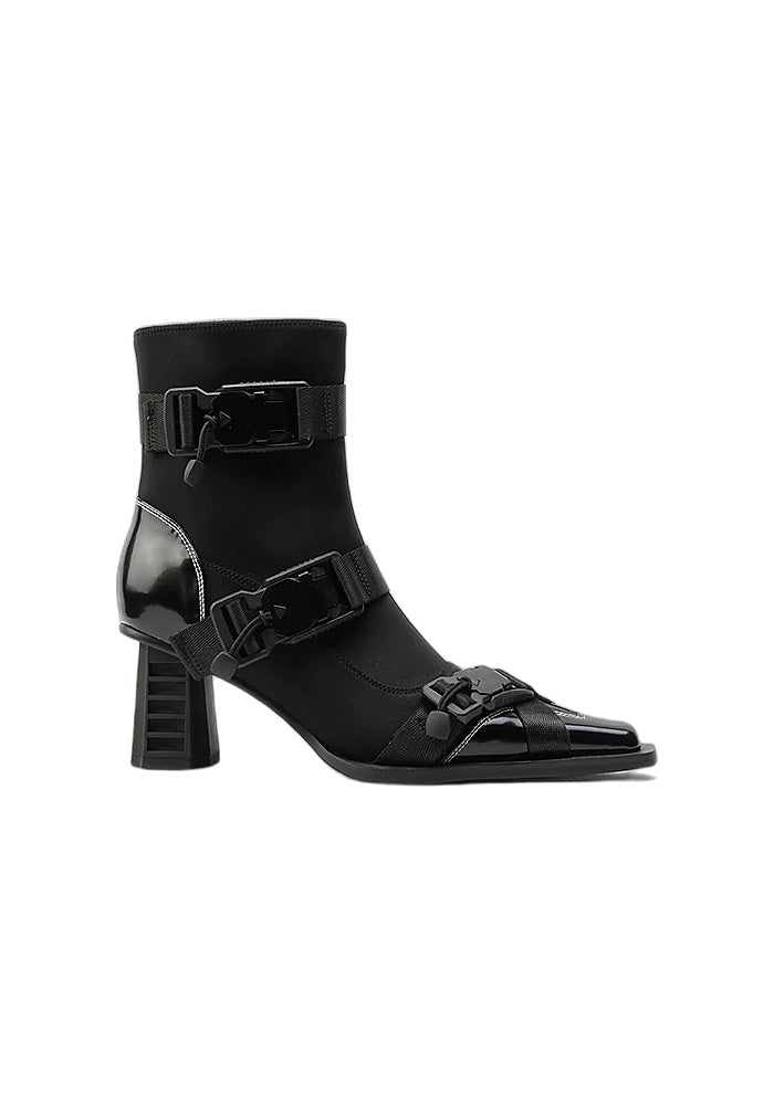 Techwear Stretch Satin Ankle Boots 6.5CM Grooved Block Heel Square Toe Quick Release Buckle Strap Gothic Booties
