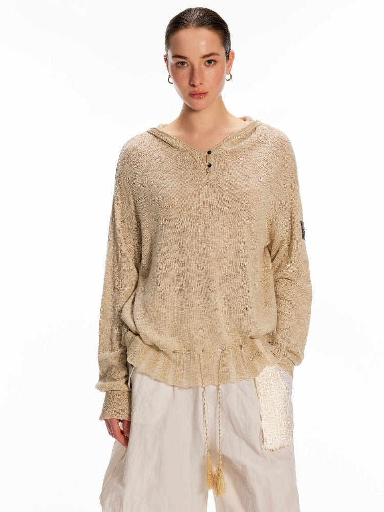 Dpercent Tencel-Linen Blend Color-Blocked Multi-Button Lightweight T-Shirt with Asymmetrical Hem