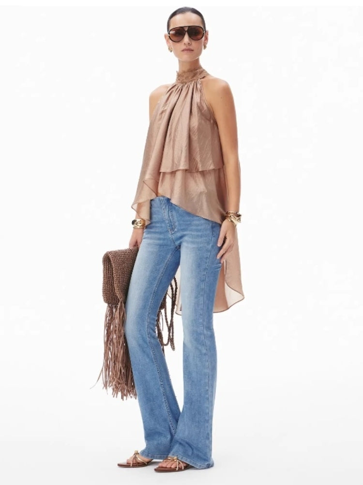 CNLEEWEI Shimmering Lace-Trimmed, Slightly Sheer, Gold-Toned, Asymmetrical Layered Top for Women