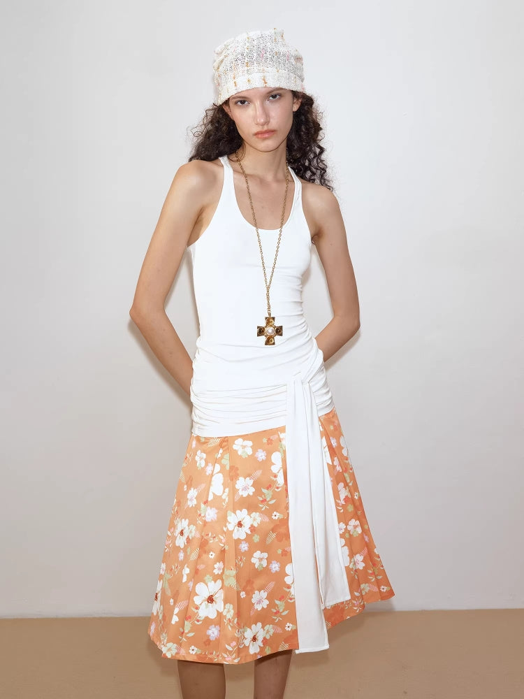 2AM POETRY Original Orange Floral All-Over Print A-Line Fitted Pleated Skirt
