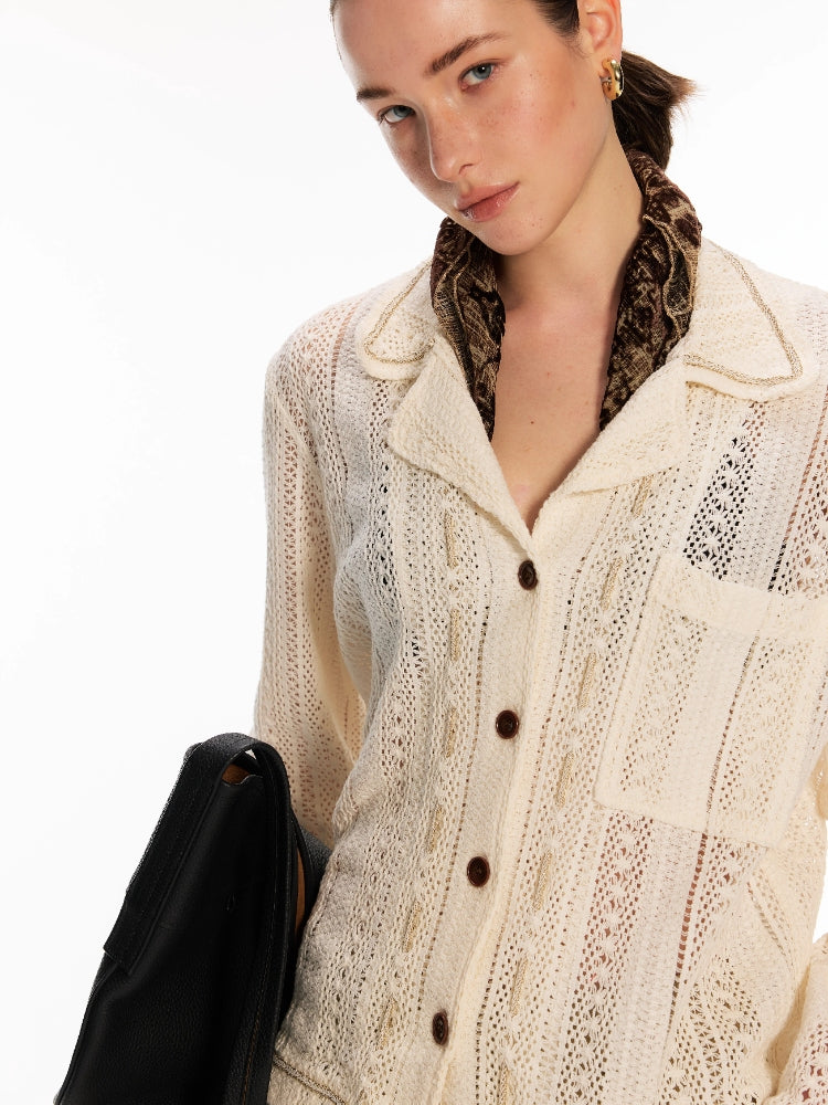 Dpercent Openwork Crocheted Cuban-Neck Casual Knit Cardigan
