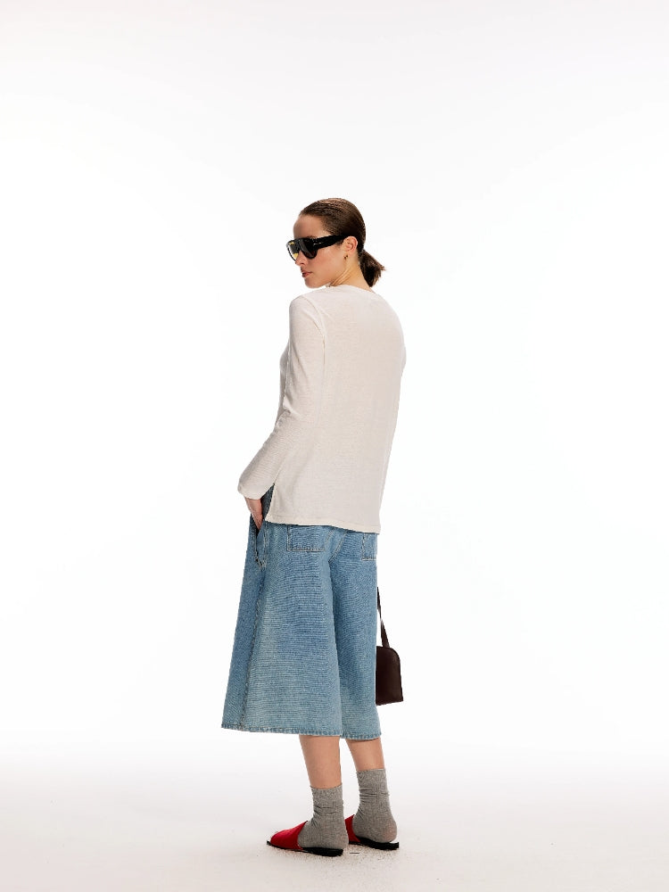 Dpercent Frayed Henley Neckline British-Style Leather Zipper Split-Hem Long-Sleeve Top