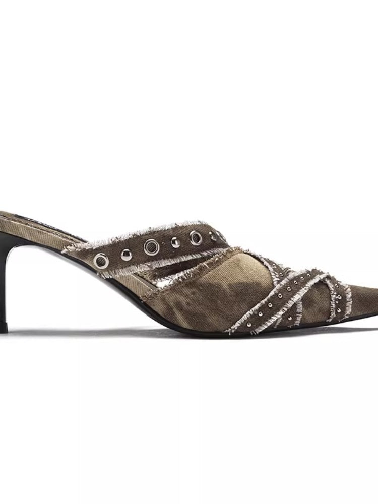 Arcadiagyal Original Design Hot Girl Slimming Leg-Lengthening Hot Girl Slimming Raw Edge High Heel Pointed Toe Slippers Coffee