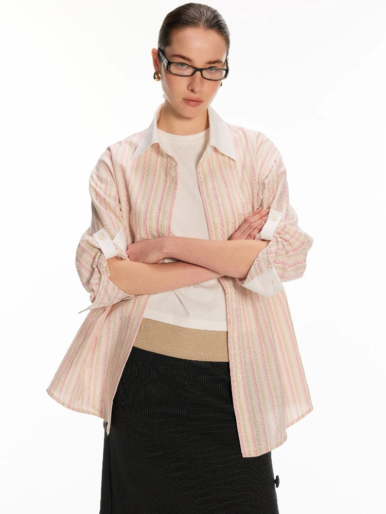 Dpercent Tencel Cotton Color-Blocked, Loose-Fit Casual Shirt with Rolled Sleeves and Reversible Design: Striped Pink Shirt
