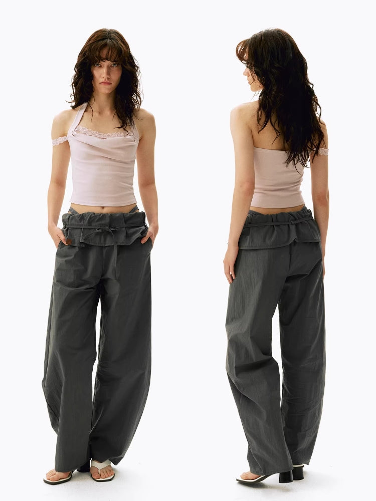2AM POETRY Pleated, Turn-Up, Mid-Low Rise, Loose-Fit, Drawstring, Casual, Wide-Leg, Loose-Fit, Curved-Leg Pants