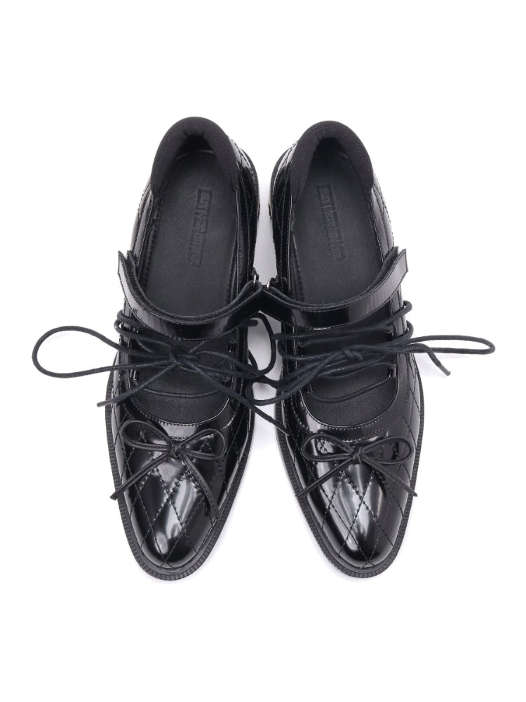 Original Diamond-Pattern Mary Jane Shoes: Dark-Style Lace-Up Leather Loafers, Summer Black Chunky-Heel Pumps