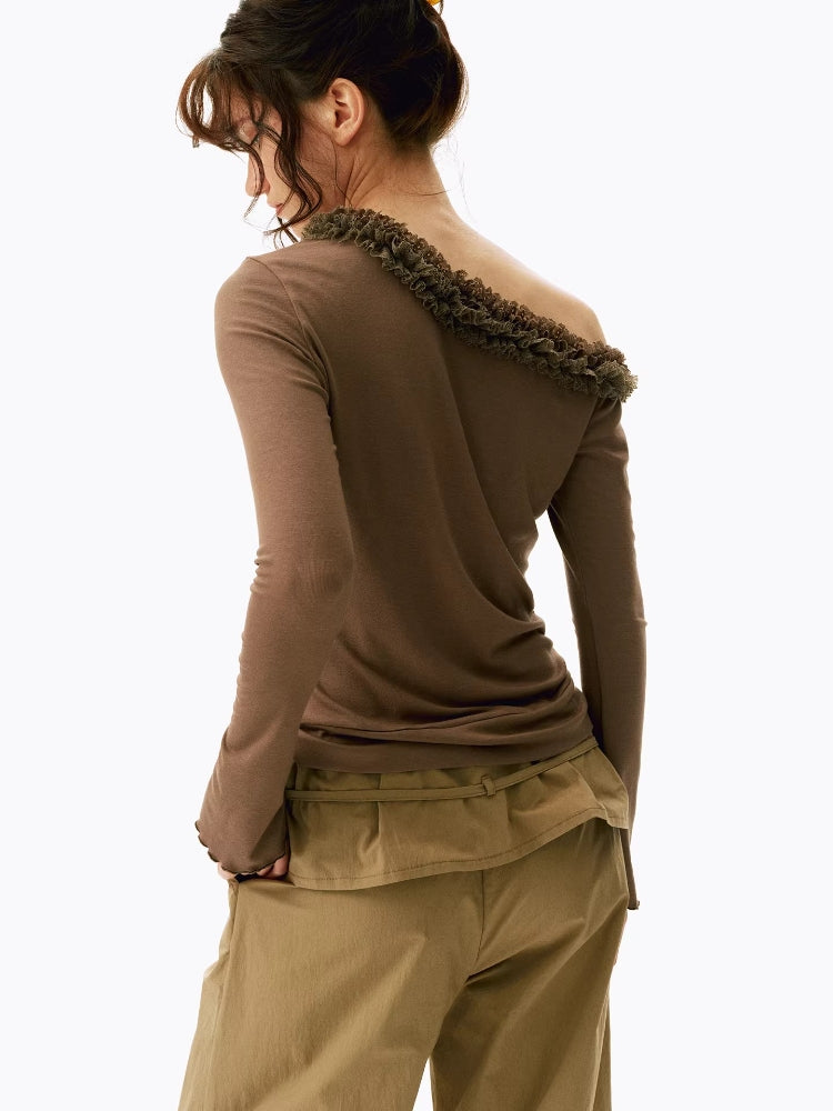 2AM POETRY Off-the-Shoulder Pleated 3D Lace Slightly Fitted Slimming Long-Sleeve T-Shirt Top