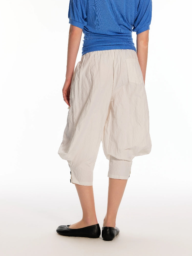 Dpercent Asymmetrical-Pocket, Textured Silk-Like, 7/8-Length, Wide-Leg, Relaxed-Fit, Stretch-Waist, Balloon Pants