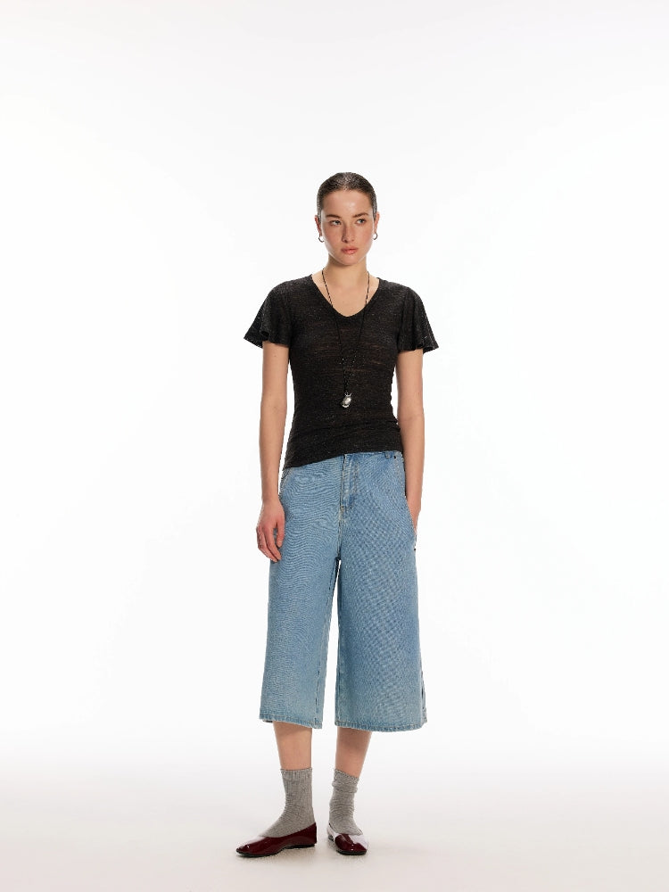 Dpercent Light Blue Vintage-Washed Adjustable-Waist Mid-Rise Loose-Fit, Slimming Wide-Leg Denim Shorts