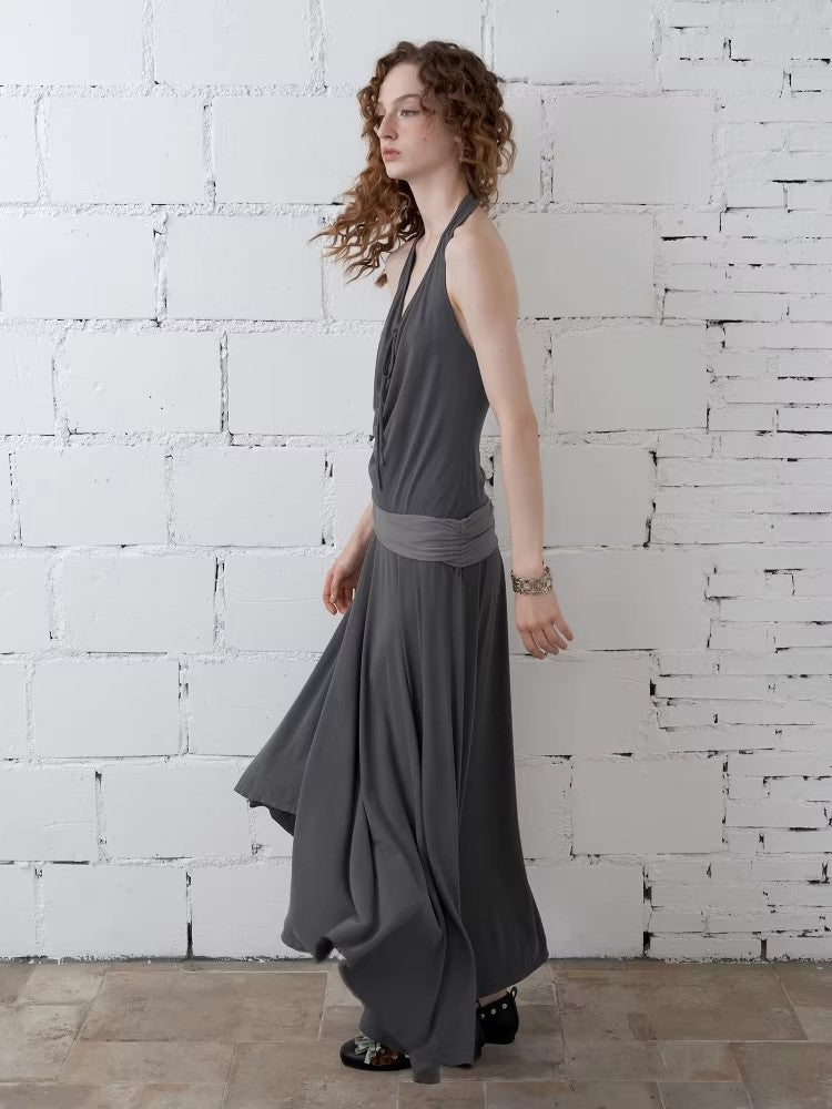 2AM POETRY Halter-Neck, Tie-Front, Off-the-Shoulder, Patchwork, Pleated, Asymmetrical Dress