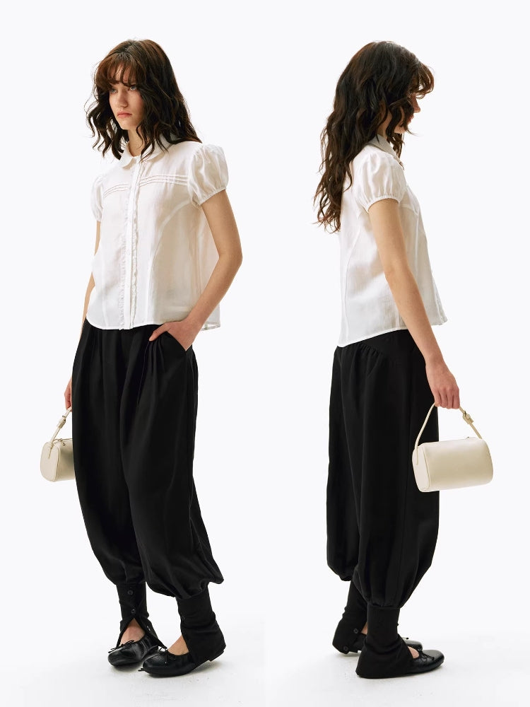 2AM POETRY Linen-Blend Shirt with Sheer Peter Pan Collar, Ruffled Sleeves, and Cropped Silhouette