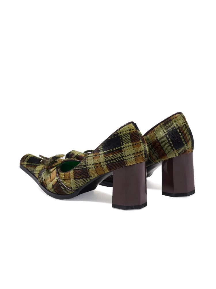 UBORYA British-Style Green Checkered Niche Horsehair Square-Toe Shoes