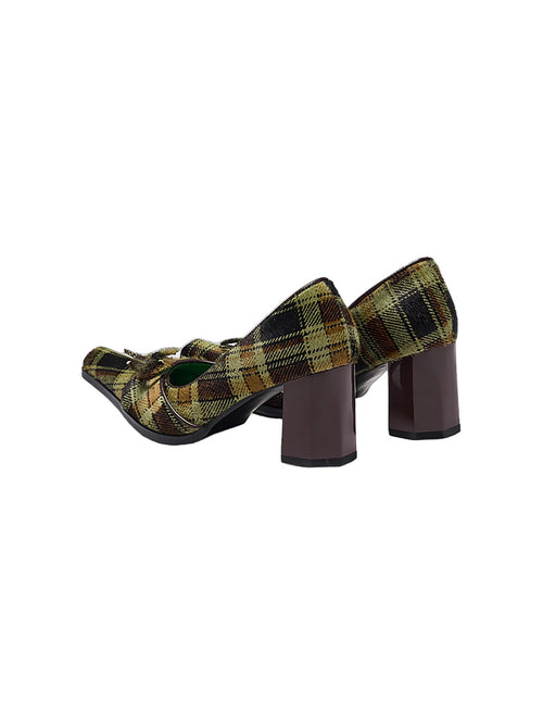 British-Style Green Checkered Niche Horsehair Square-Toe Shoes
