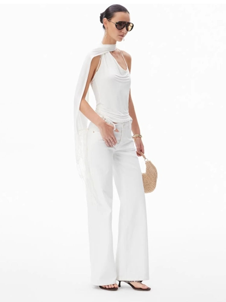 CNLEEWEI Women's Off-the-Shoulder Spaghetti-Strap Tank Top with Lace and Fringe Accents