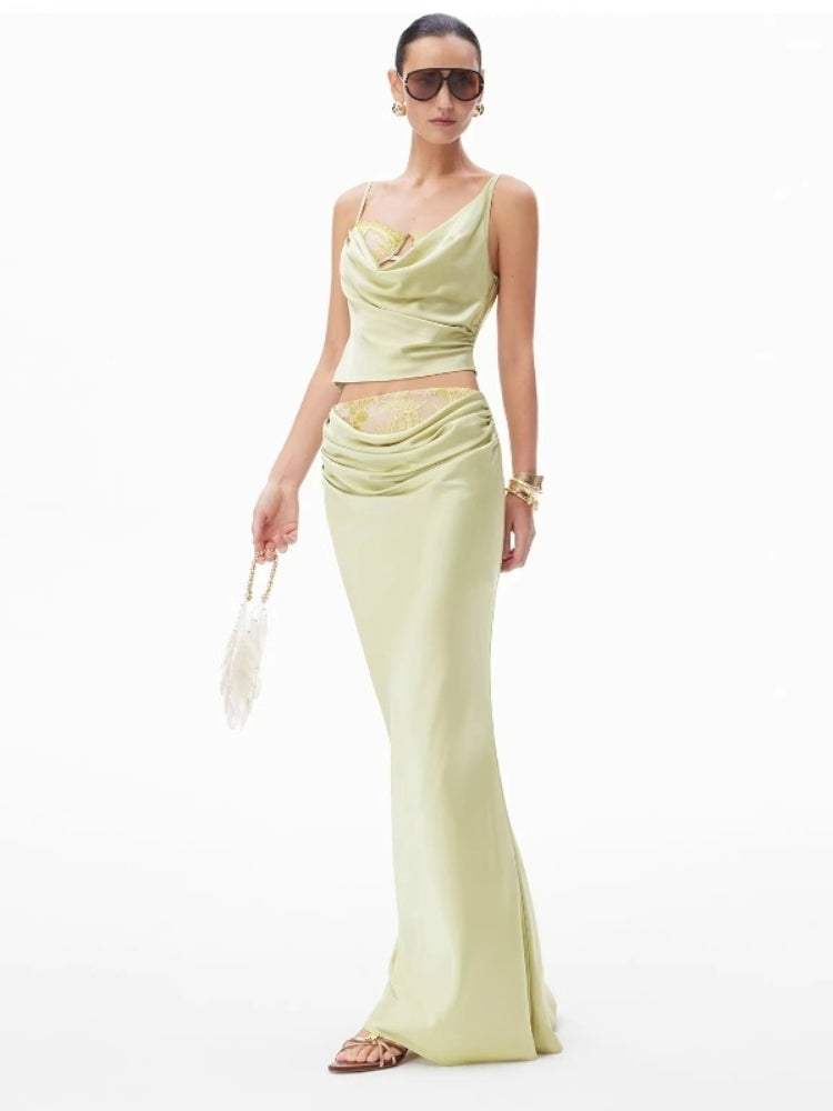 CNLEEWEI Women's Sexy Acetate Lace-Panel Pleated Satin Fishtail Skirt