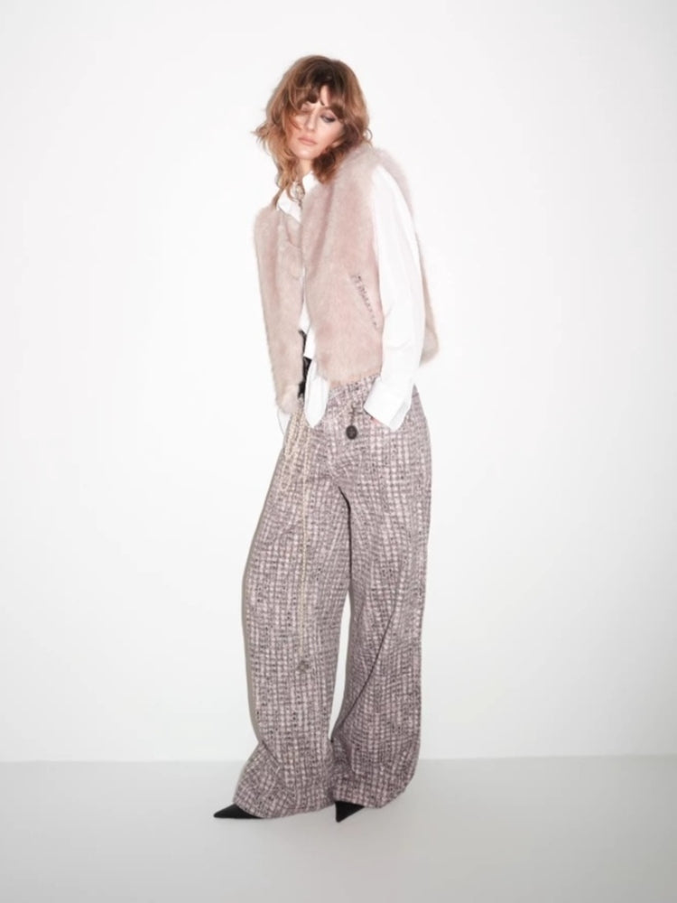 tokokkino “Soft Check” Gray and Pink Checkered Low-Rise Straight-Leg Pants