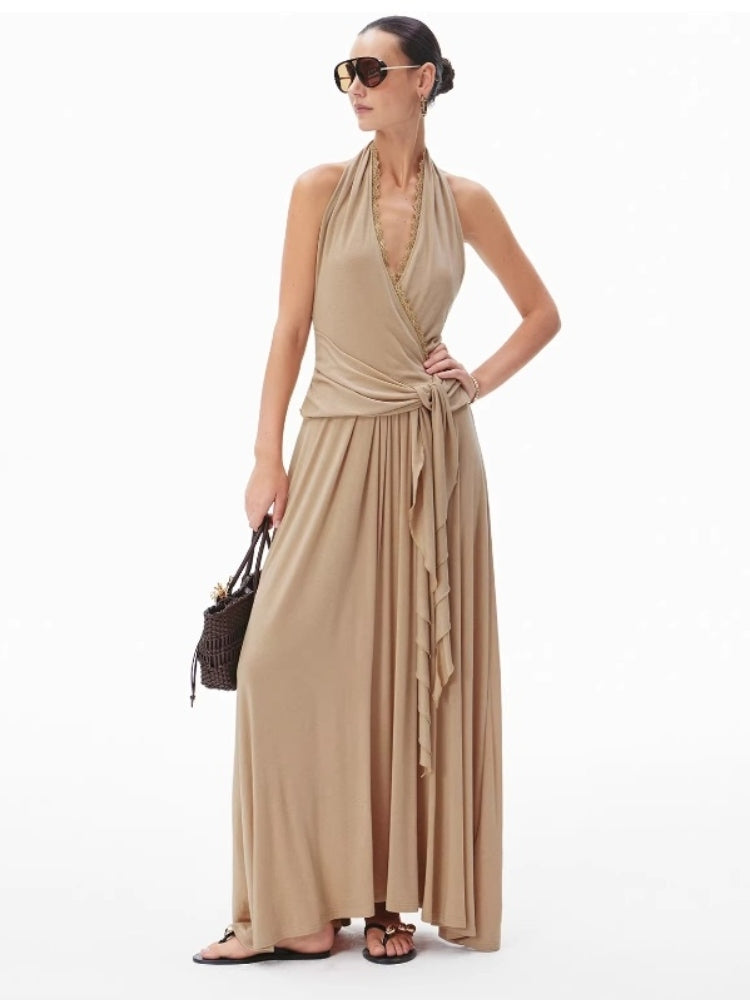 CNLEEWEI Romantic Layered V-Neck Halter-Neck Knit Dress with Tie-Front