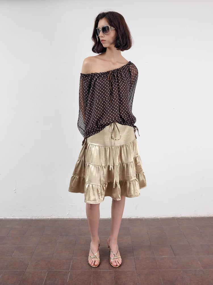 2AM POETRY Gold Pleated Skirt: Pleated, Drawstring Waist, Layered A-Line Midi Skirt