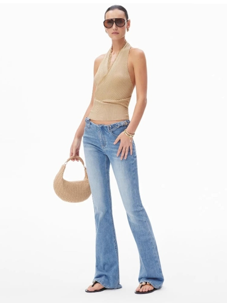 CNLEEWEI Lace-Panel V-Neck Halter-Neck Ice-Silk Knit Tank Top