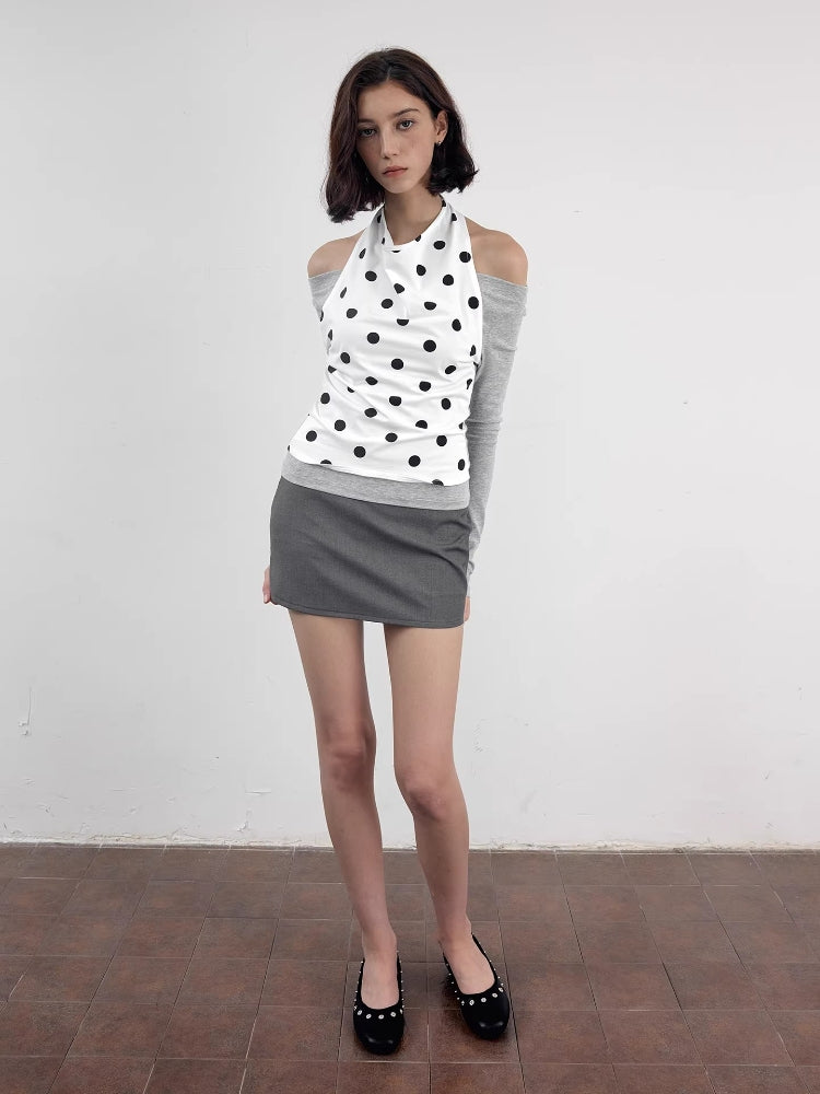 2AM POETRY Polka Dot Shirt: Two-Piece-Style Polka Dot Patchwork Halter-Neck Off-the-Shoulder Long-Sleeve T-Shirt