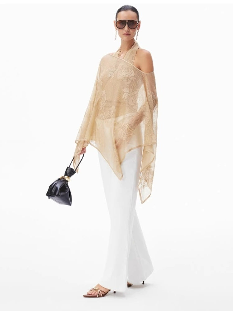 CNLEEWEI Double-Knit, Double-Layer Fabric Rose Jacquard Sheer Lustrous Gold-Threaded Woolen Shawl