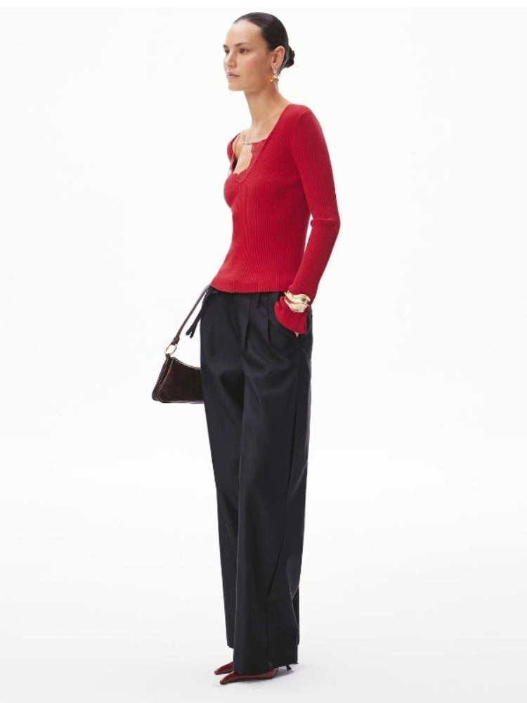 CNLEEWEI Lace V-Neck Chain-Detail Flared-Sleeve Knit Top