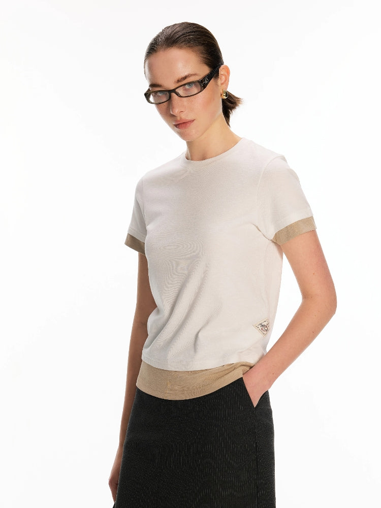 Dpercent Recycled Fiber Classic Casual Oversized Color-Block Breathable, Flattering Faux Two-Piece Crew Neck T-Shirt