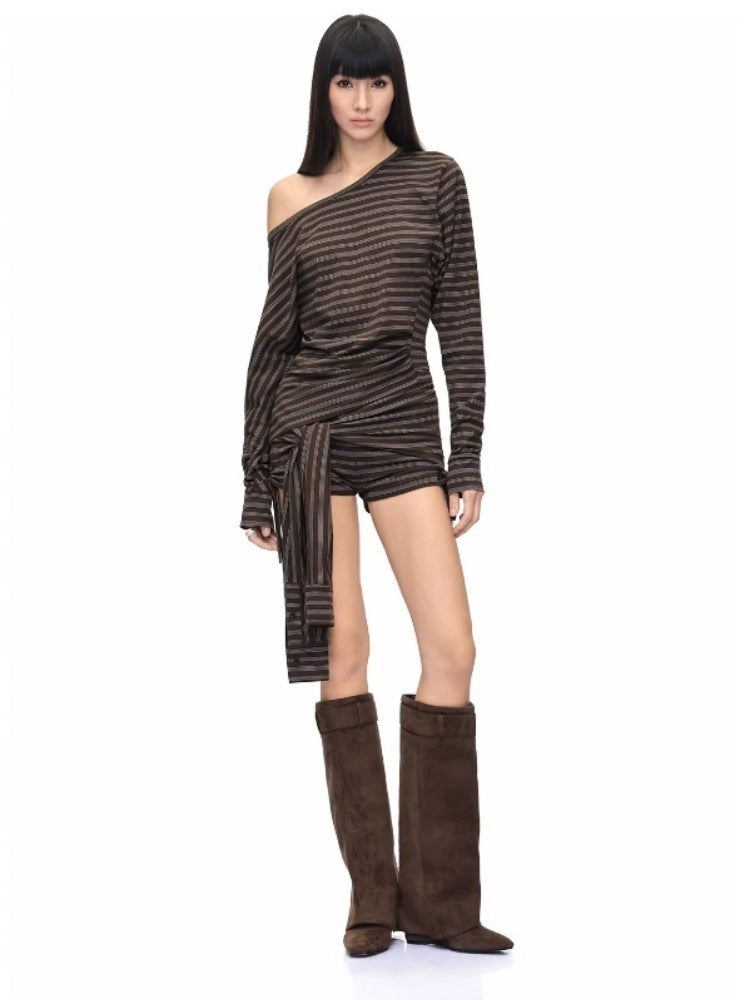 CNLEEWEI Striped Off-the-Shoulder Pleated Blouse and Wrap-Style Shorts Set