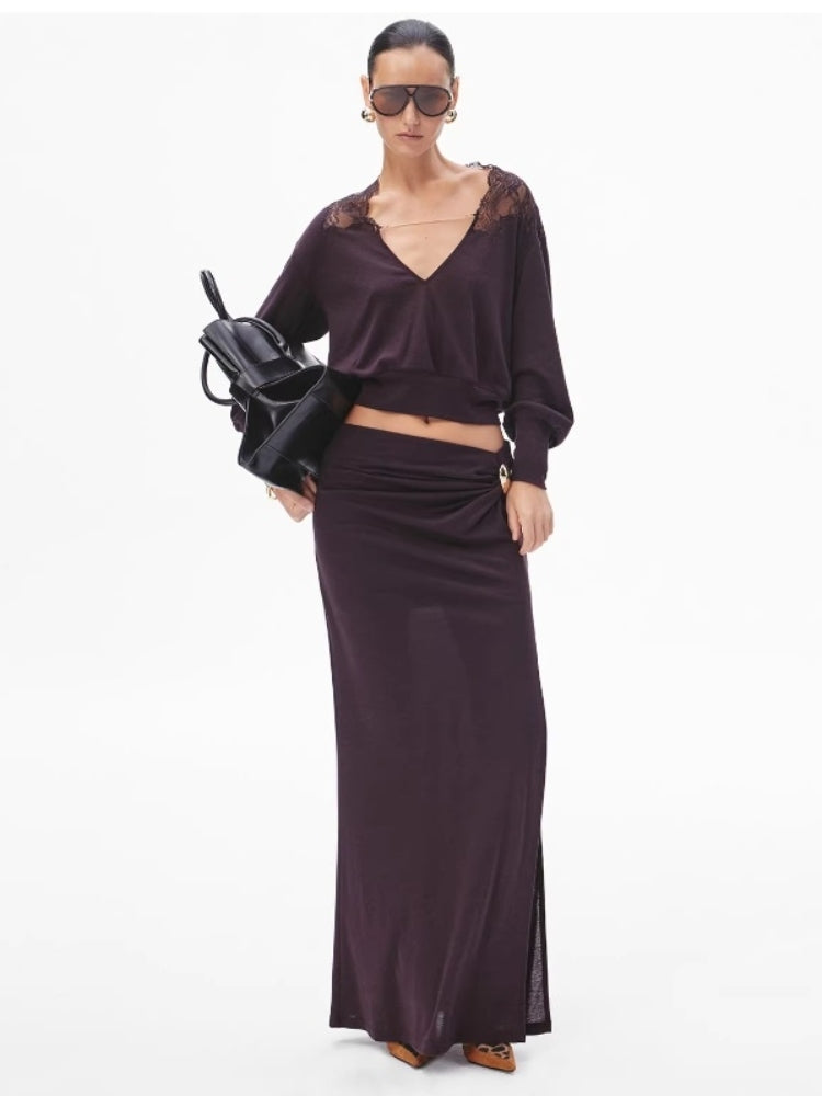 CNLEEWEI Detachable Metal Buckle Twisted Split-Front Knit Skirt