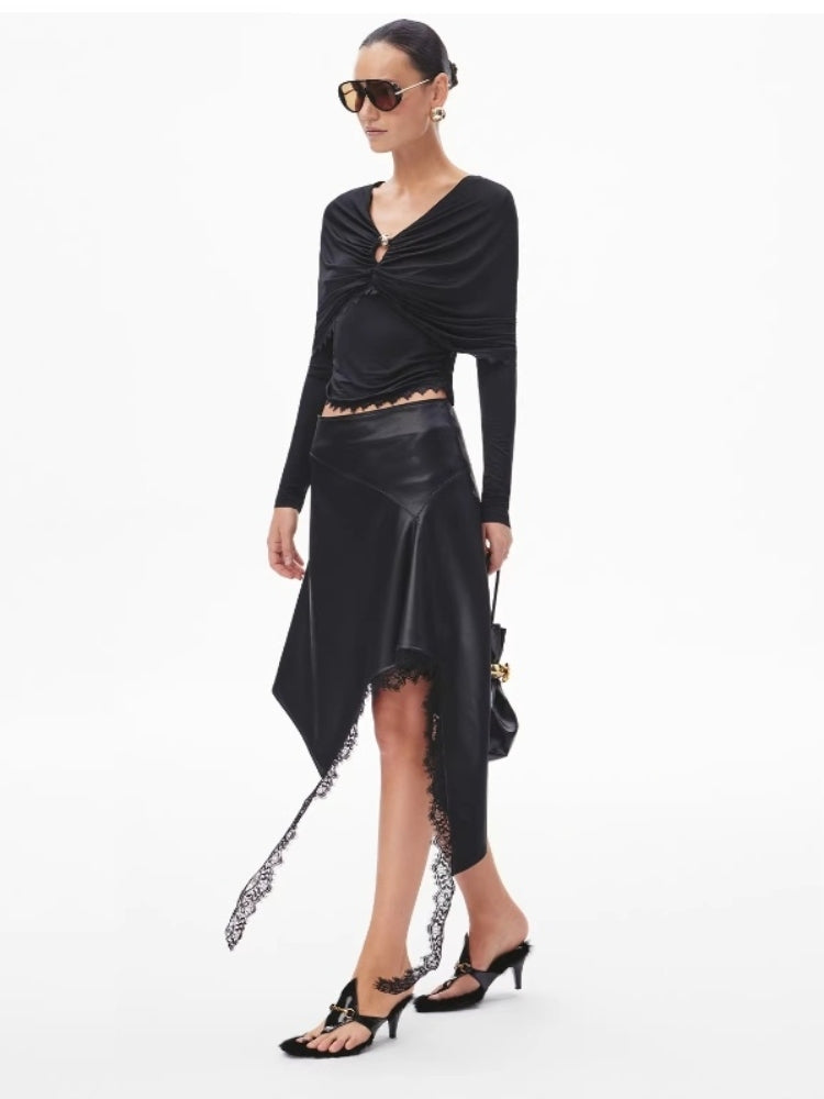 CNLEEWEI Lace-Paneled Pleated Wrap-Style Knit Top
