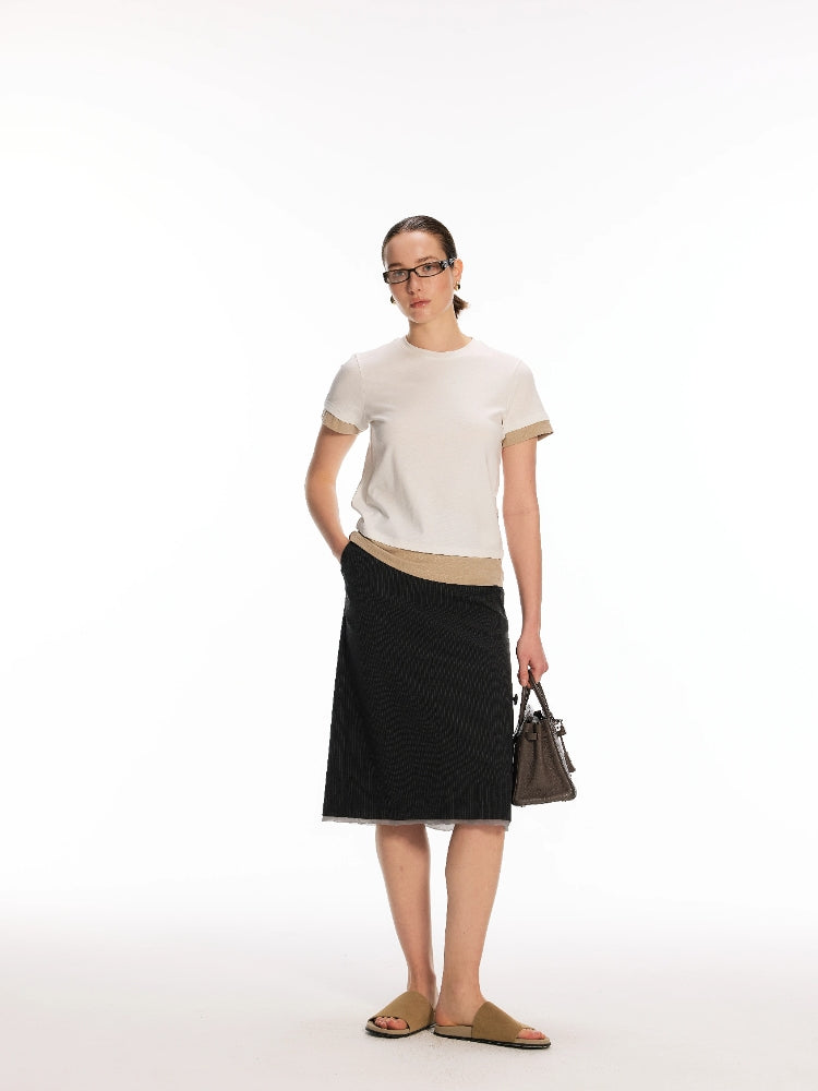 Dpercent: Floral-print tulle-trimmed hem with button detailing Classic, versatile striped skirt for the office