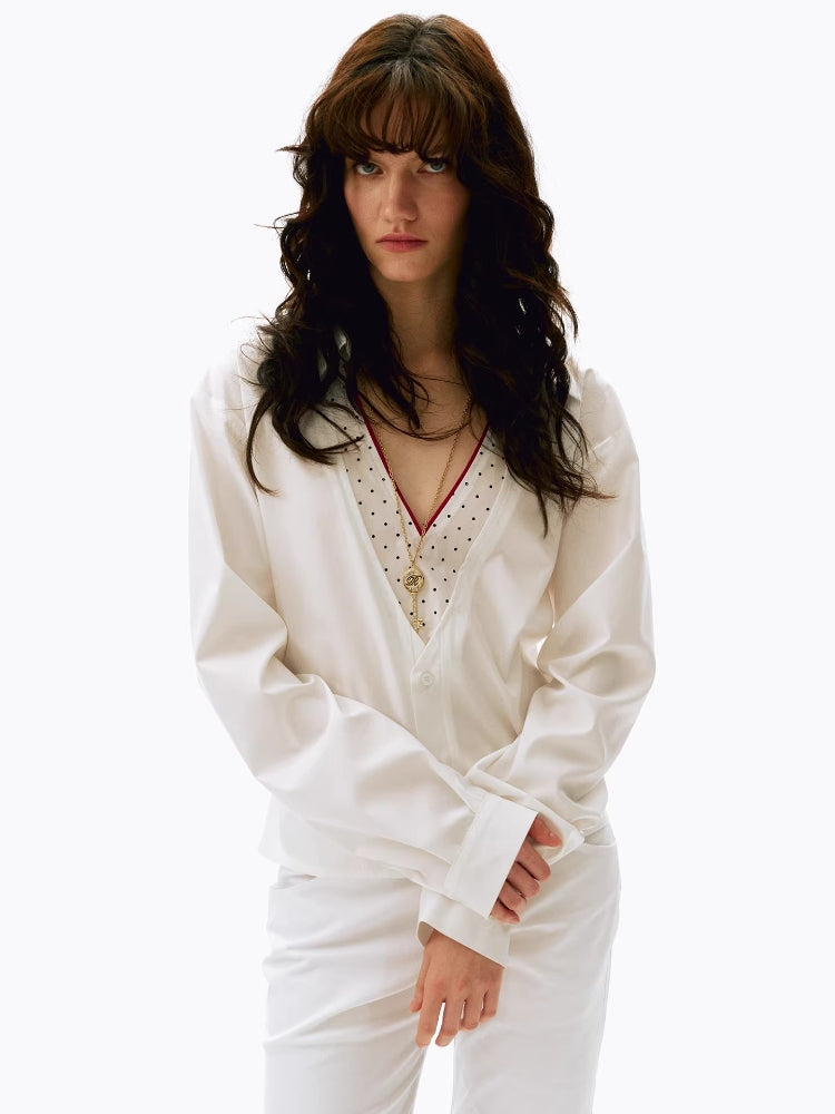 2AM POETRY V-Neck Polka Dot Patchwork Minimalist Slightly Loose-Fit Long-Sleeve Shirt for Women - Breathable Blouse