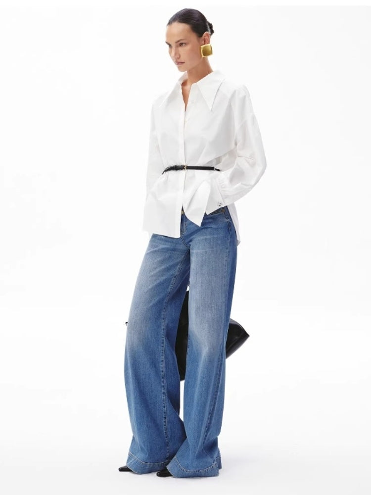 CNLEEWEI Detachable Color-Blocked Skin-Tight Belt with a Unique Pointed Collar and Puffed Sleeves Shirt