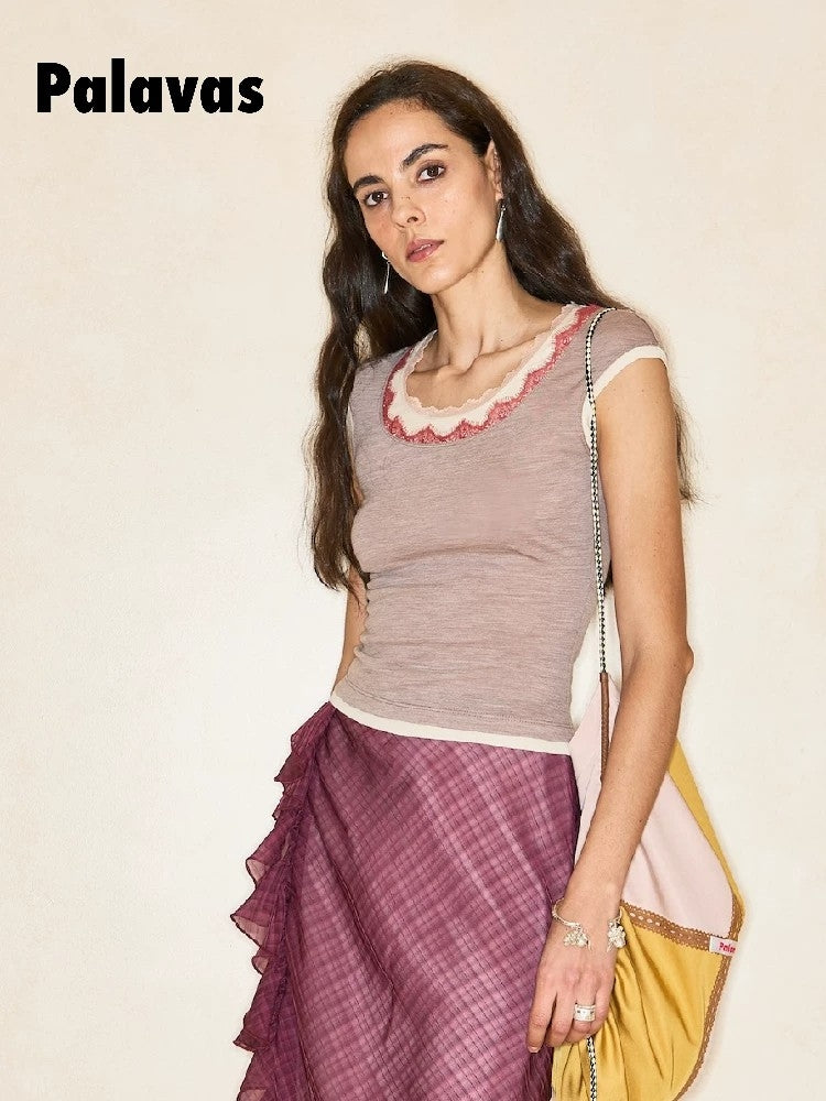 Twilight Pomegranate Lace Short-Sleeve Patchwork T-Shirt: A Unique, Designer-Style Top