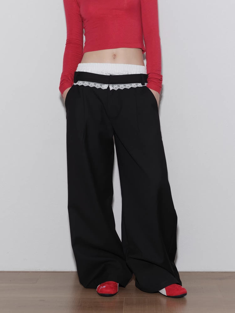 2AM POETRY Classy Escape Lace-Panel Relaxed-Fit Trousers