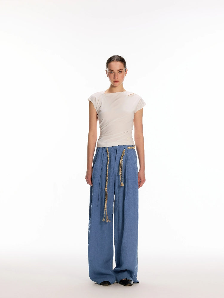 OZA GLOBAL FASHION DESIGNER BRAND 100% Linen, Yeast-Washed Textured Pleated Loose-Fit Wide-Leg Casual Trousers