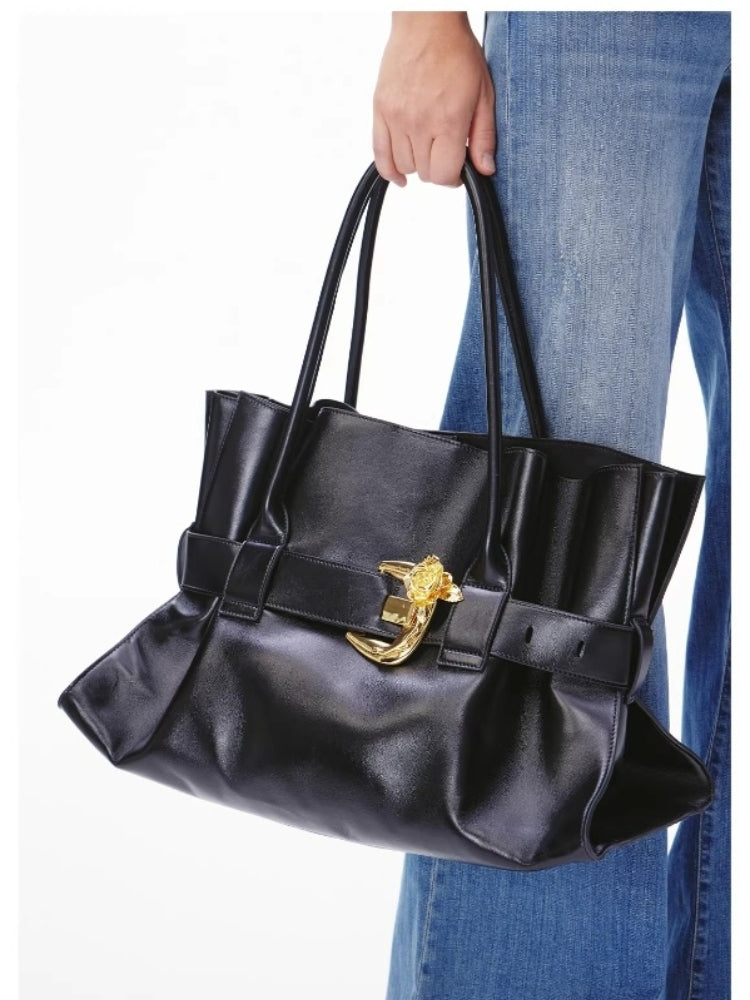 CNLEEWEI Large Genuine Leather Tote Bag with Metal Flower Buckle and Vintage Design