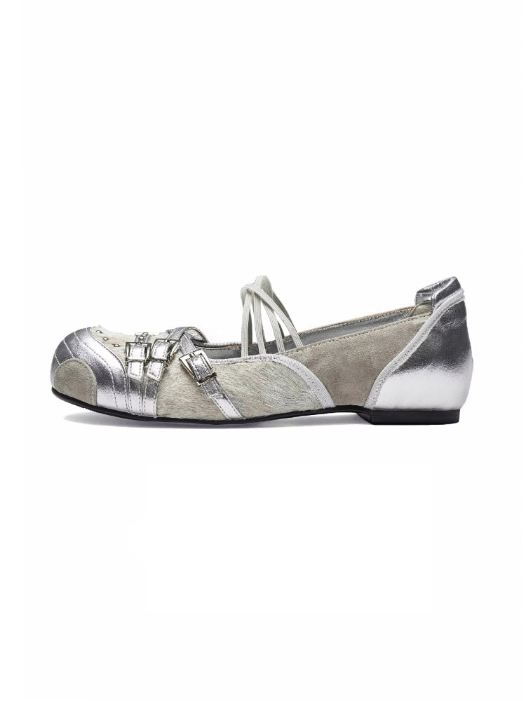 UBORYA Women's Shoes: New Arrival - Low-Cut Flat Genuine Leather Fashion Mary Jane Silver Round-Toe Slip-On