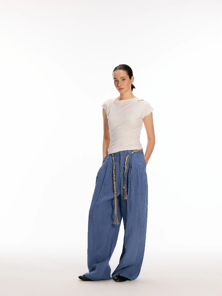 Dpercent Light Blue Vintage-Washed Adjustable-Waist Mid-Rise Loose-Fit, Slimming Wide-Leg Denim Shorts