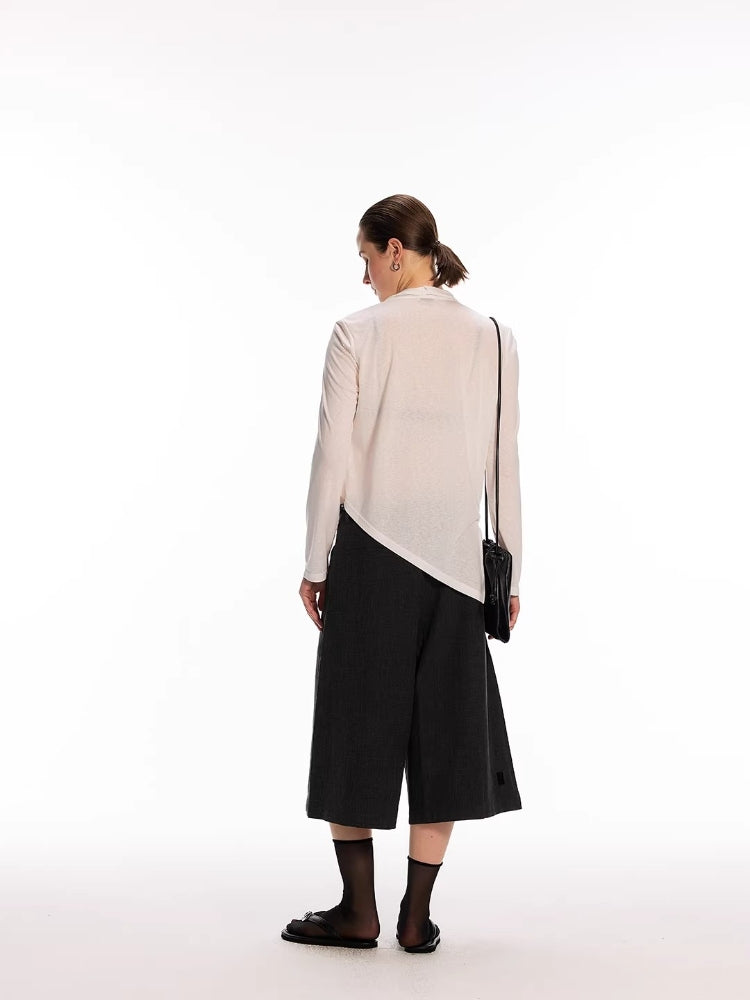 Dpercent Tencel-Linen Blend Color-Blocked Multi-Button Lightweight T-Shirt with Asymmetrical Hem