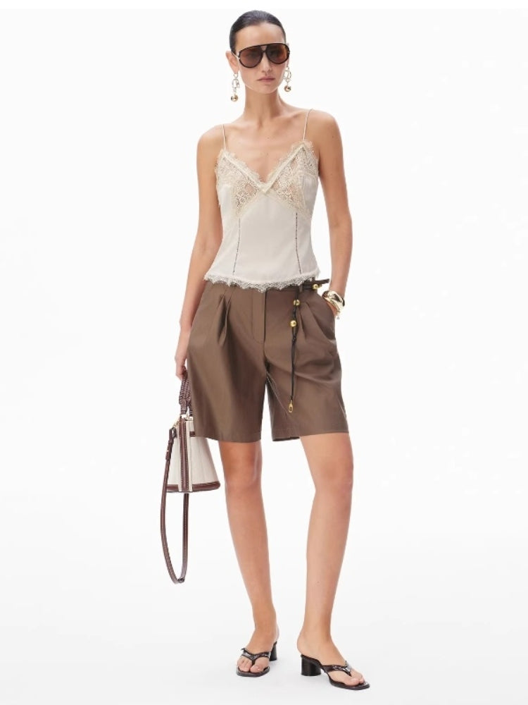 CNLEEWEI Lace-Trimmed Satin Halter Top for Women