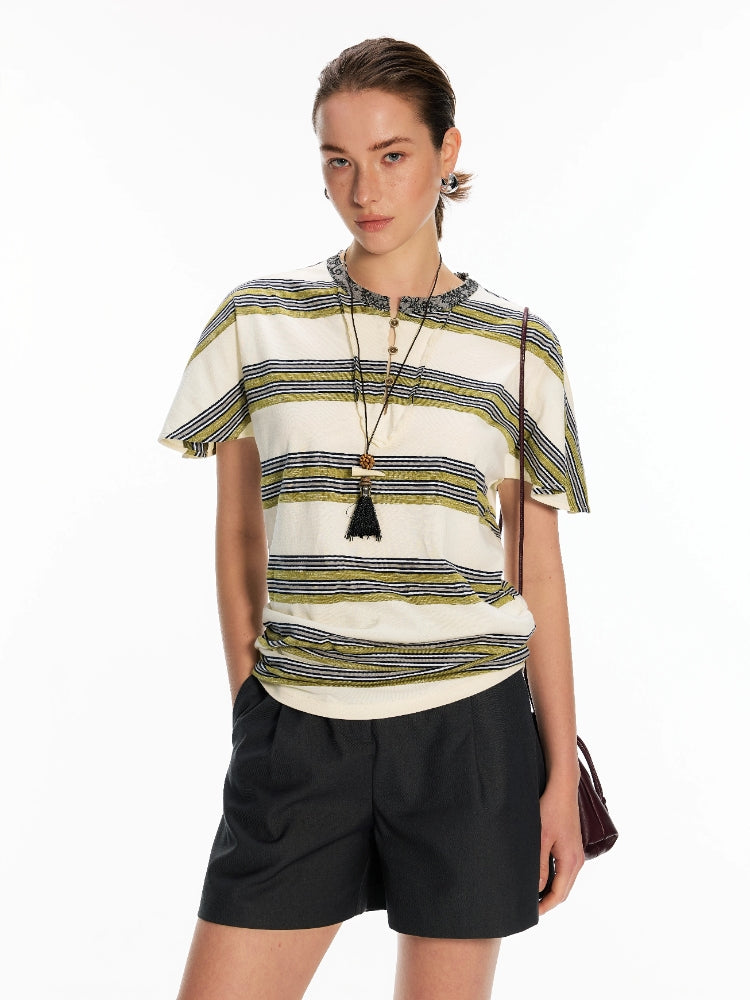 Dpercent Striped Patchwork Cashew-Print Henley-Neck One-Piece Slit T-Shirt with Cap Sleeves