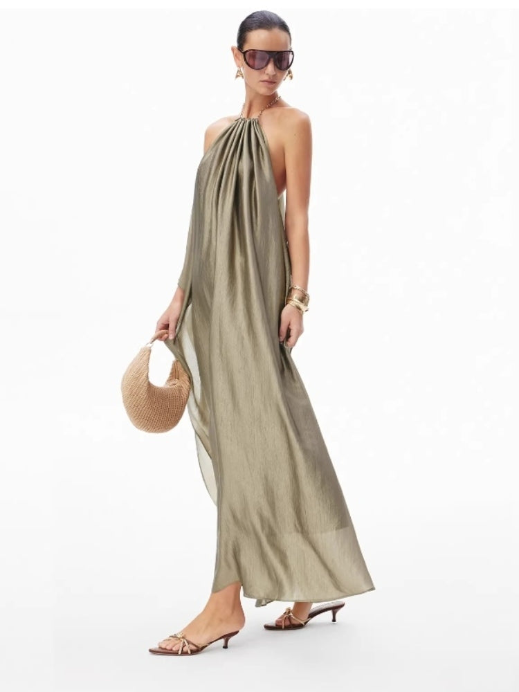 CNLEEWEI Detachable Chain-Strap Neckline-Cutout A-Line Dress