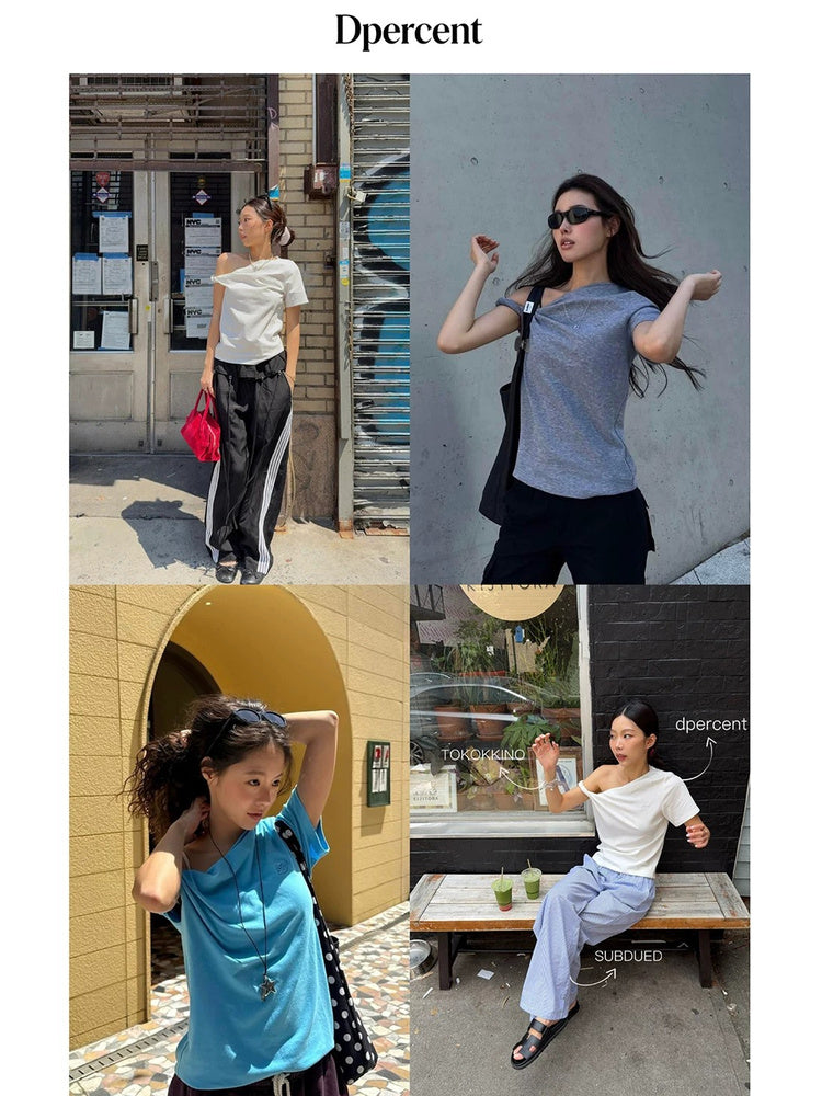DPERCENT Asymmetric One-Shoulder Draped T-Shirt