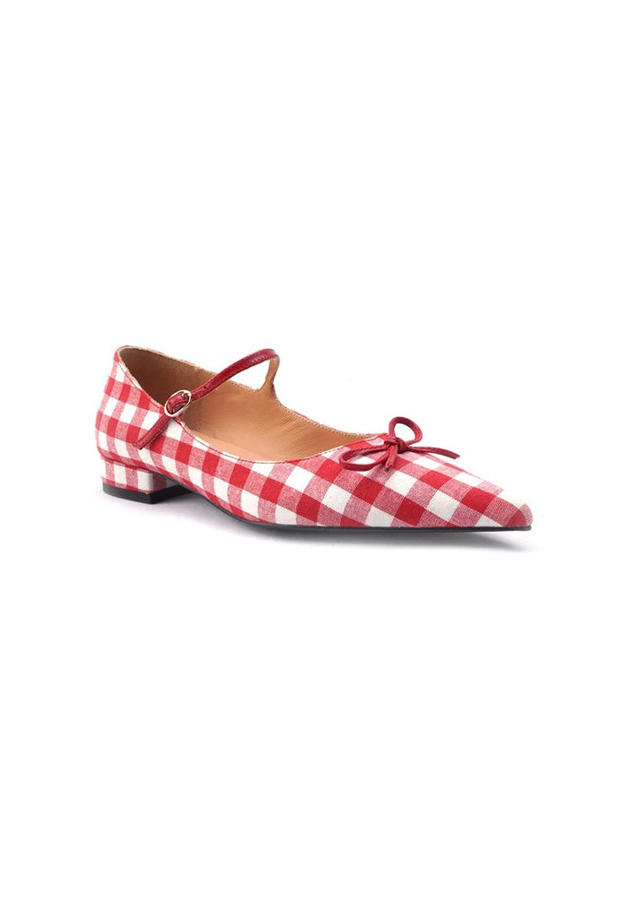 Red Gingham Cotton Mary Jane Flats 2.5CM Low Block Heel Pointed Toe Bow Strap Pumps