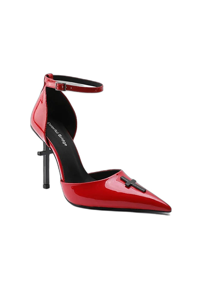Patent Leather Ankle Strap Stiletto Pumps 10CM Cross Sculpted Heel Hollow Pointed Toe Avant-Garde Gothic Heels