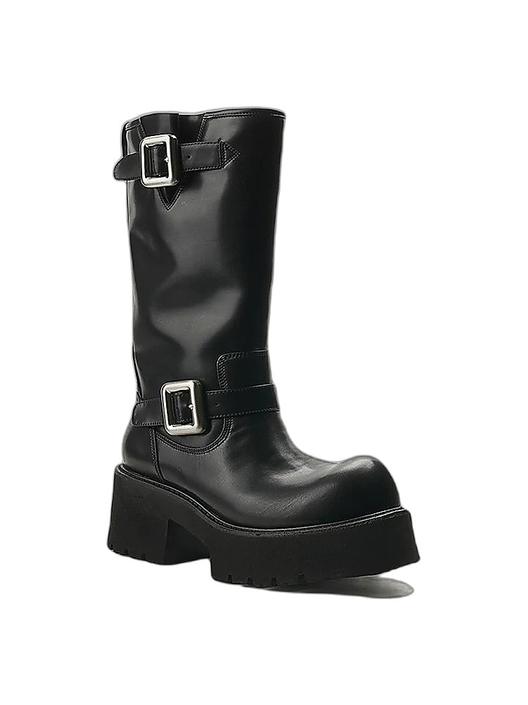 Double-Buckle Platform Mid-Calf Boots