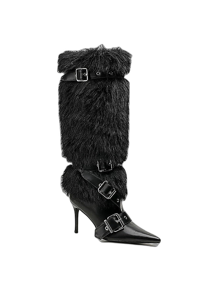 Night Hunt Faux-Fur Buckle Stiletto Boots